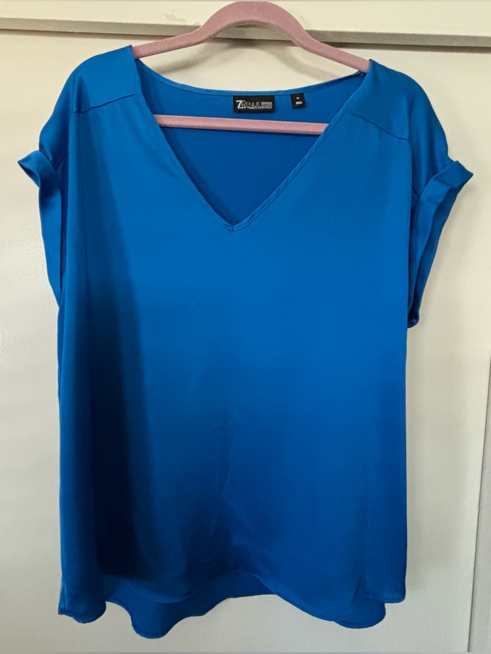 7th Ave New YorkBright Blue V-Neck Short Sleeve Satin Like Blouse CareerXL